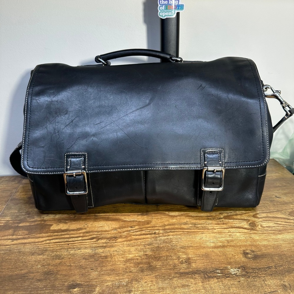 Coach Mens Black Leather Messenger Bag Briefcase White Stitching Silver Hardware